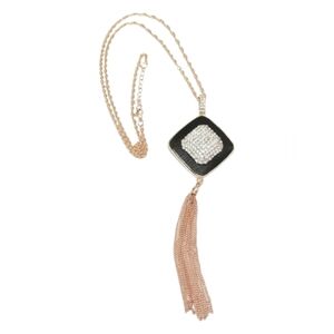 Leather & Pave Crystal  Necklace Tassel Statement Clear Glass 18K Gold